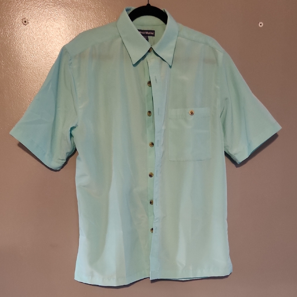 West Marine Men's Button Up Torquoise Short Sleeve Shirt, Size Med